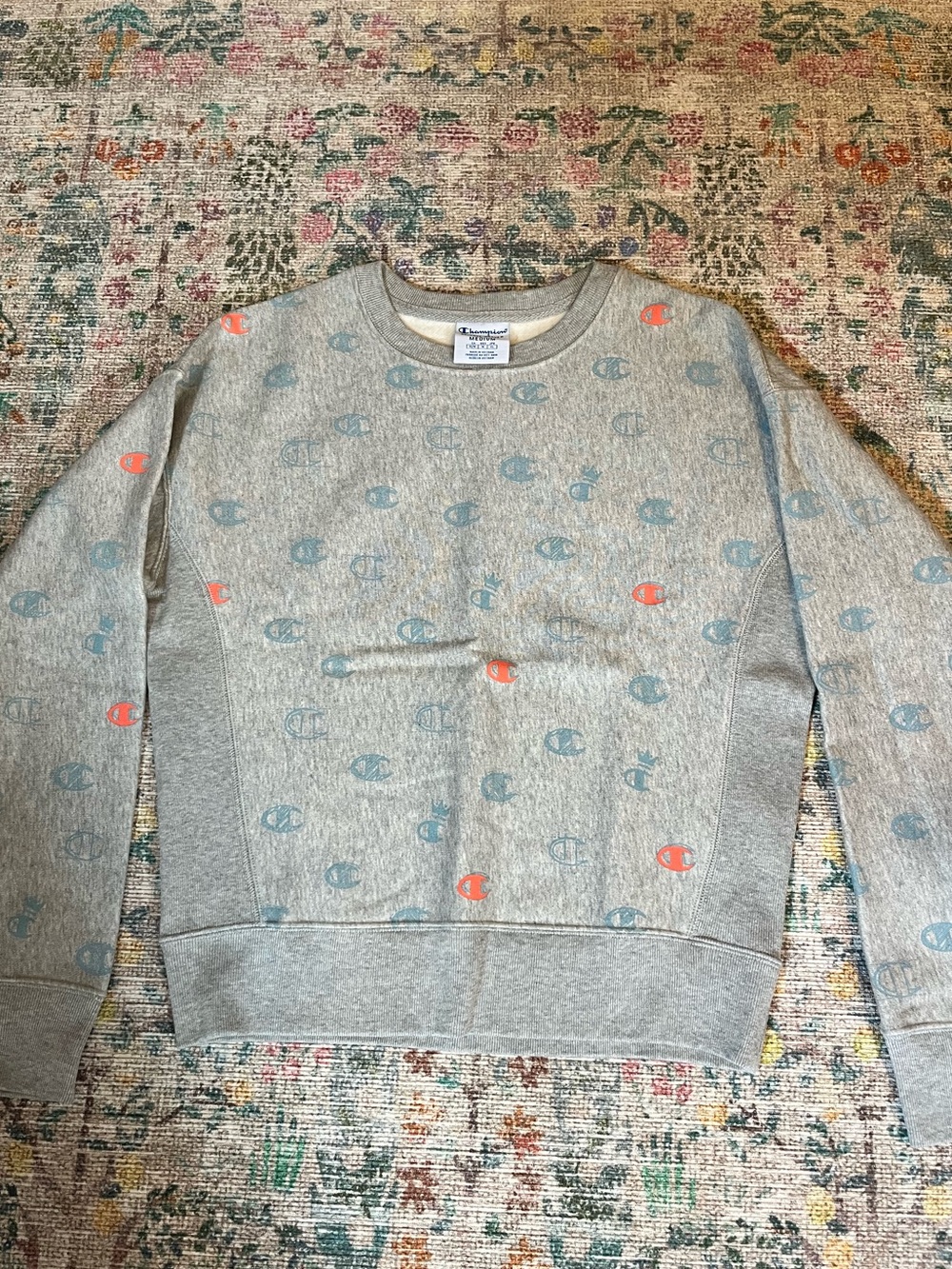Champion Gray Crewneck Sweatshirt with Blue and Orange Logo Print